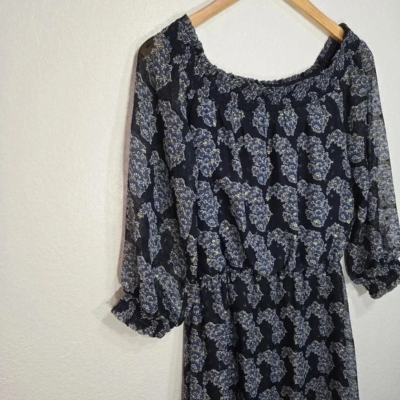 Taylor 6 Floral Chiffon Off Shoulder 3/4 Sleeve Long Maxi Dress Blue Gold Small - Picture 4 of 10
